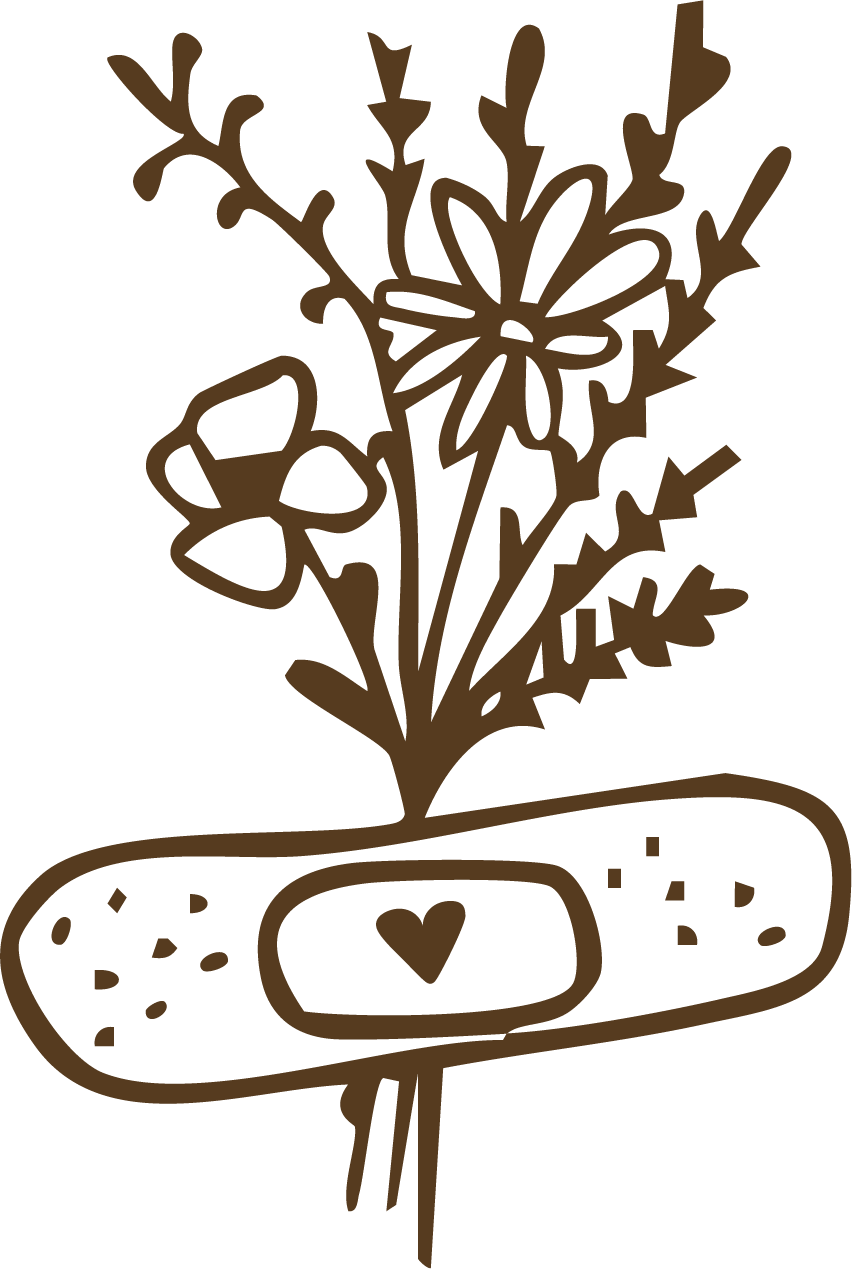 Handgezeichnetes Icon eines Blumenstraußes, zusammengehalten von einem Pflaster mit Herz, Symbol für Fürsorge rund um die Uhr in der Seniorenresidenz Jakobi.